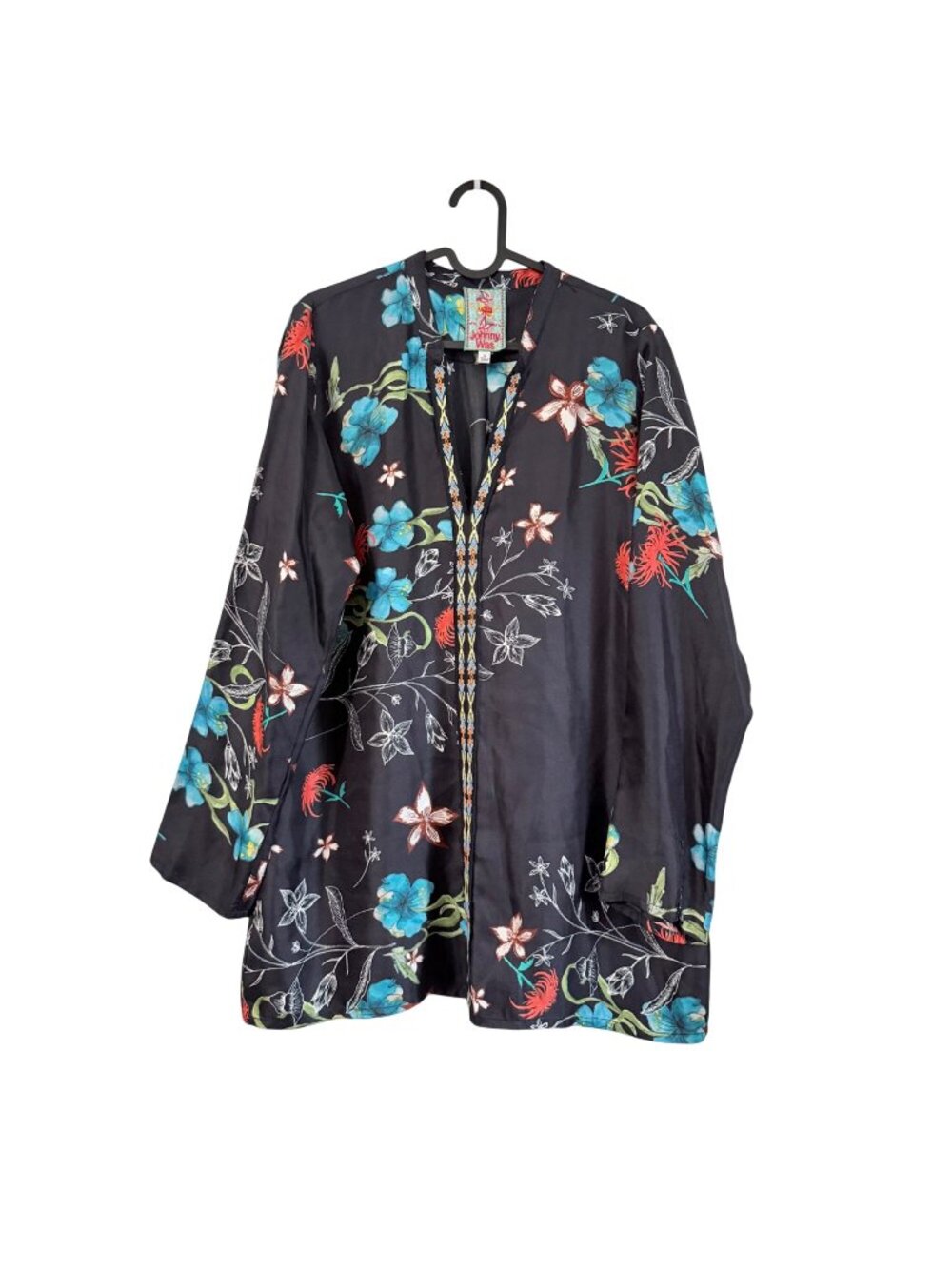 Johnny Was Black Floral Silk Satin Vneck Popover Tunic Blouse Womens Medium